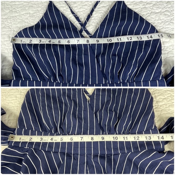 🔥Lulus Ruffle & Flow Black Striped Backless Ruffle
Romper Blue White - Picture 13 of 16